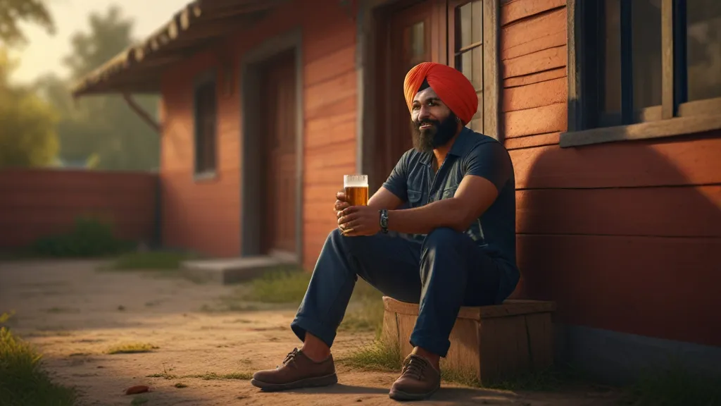 a man in a turban sitting on a bench holding a beer