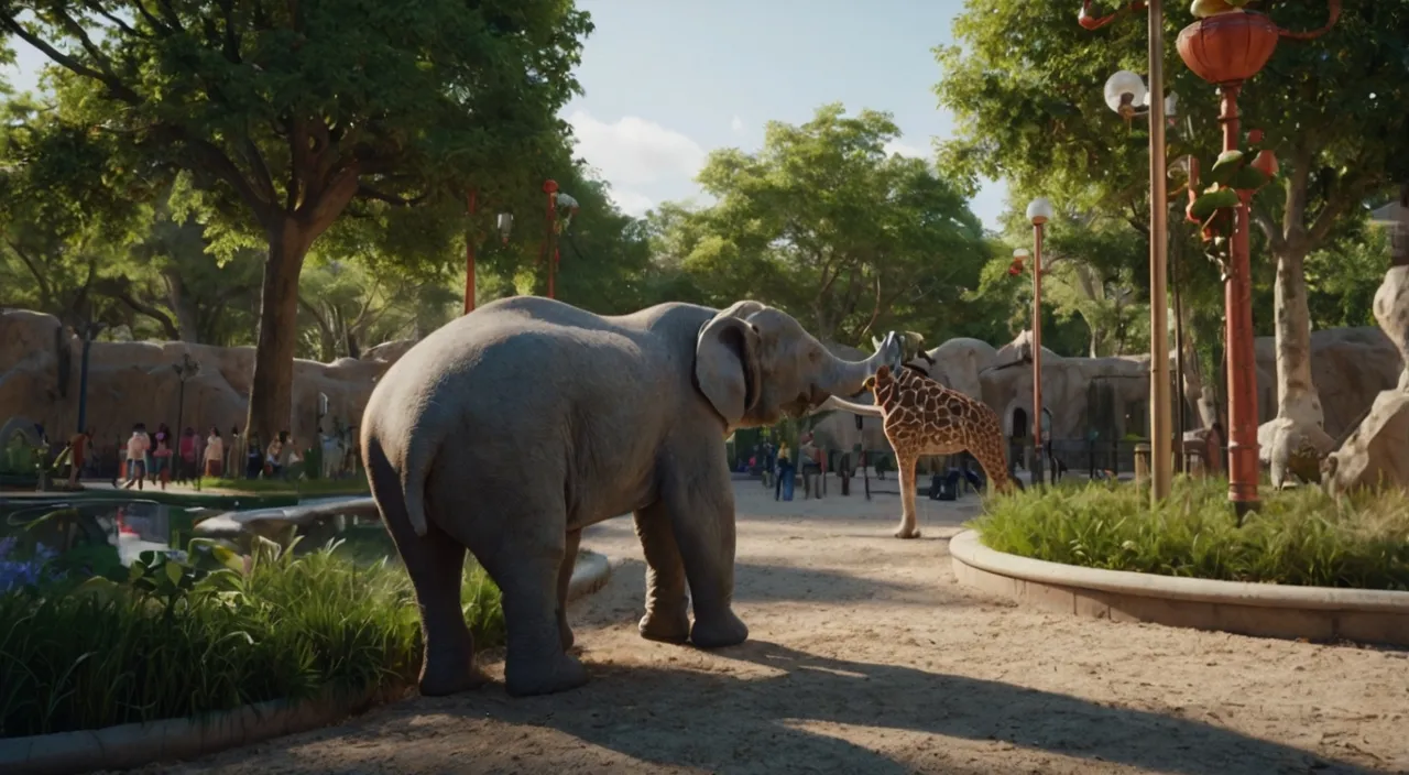 an elephant and a giraffe in a zoo setting