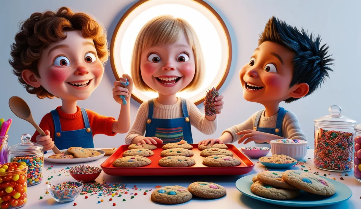 a group of children standing around a table filled with cookies