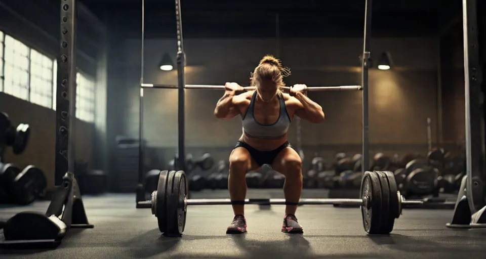 a woman make exercise, squatting on a barbell in a gym