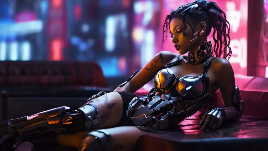 a woman in a futuristic suit sitting on a table