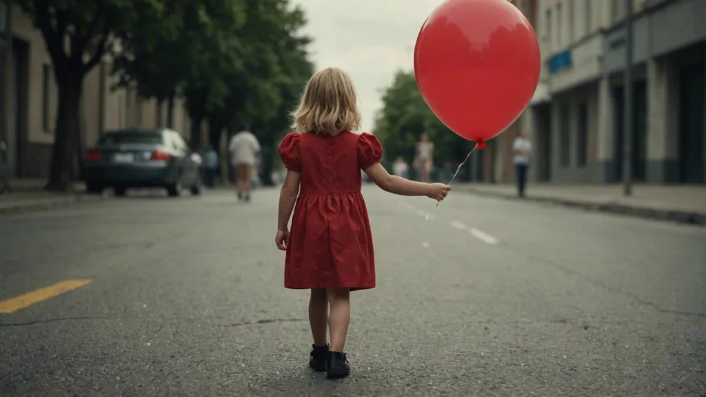 a little girl in a red dress walking down the street holding a red balloon