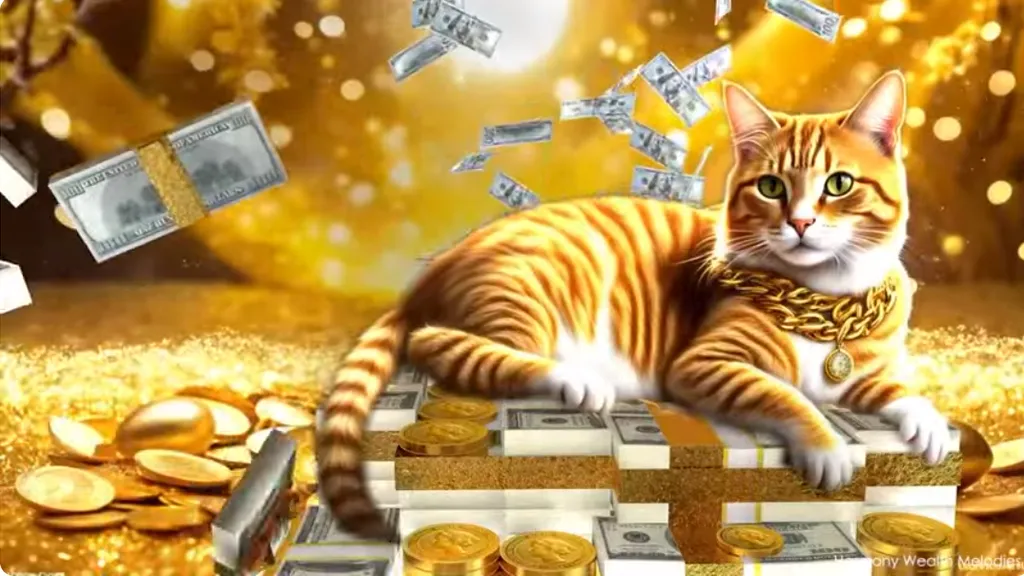 a cat sitting on top of a pile of money