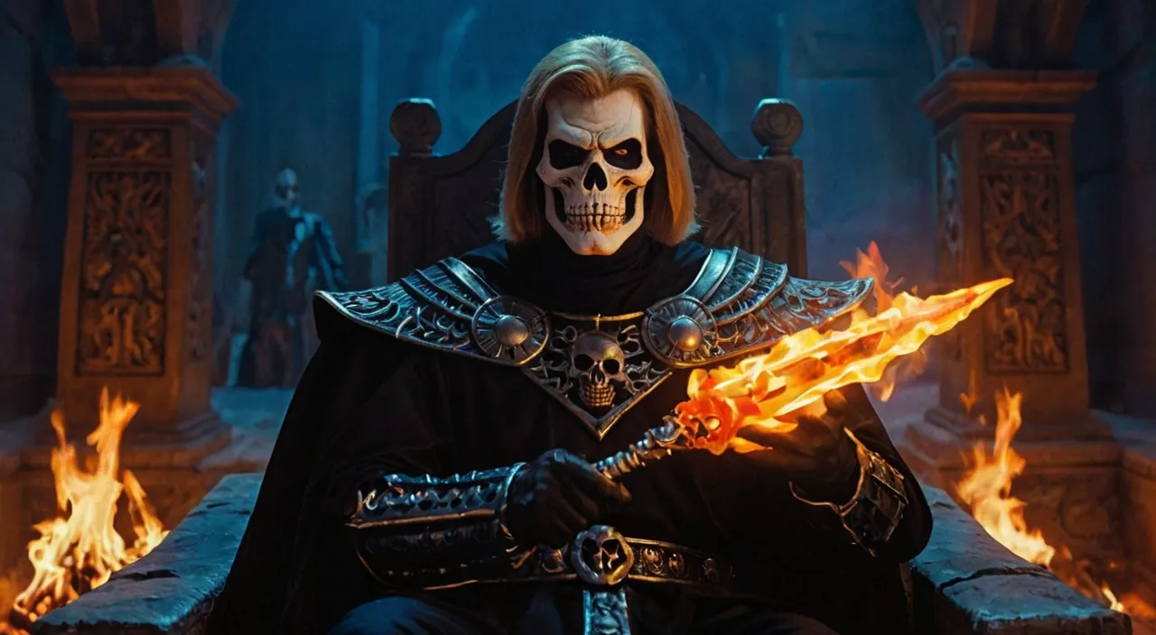 a skeleton sitting on a throne holding a sword