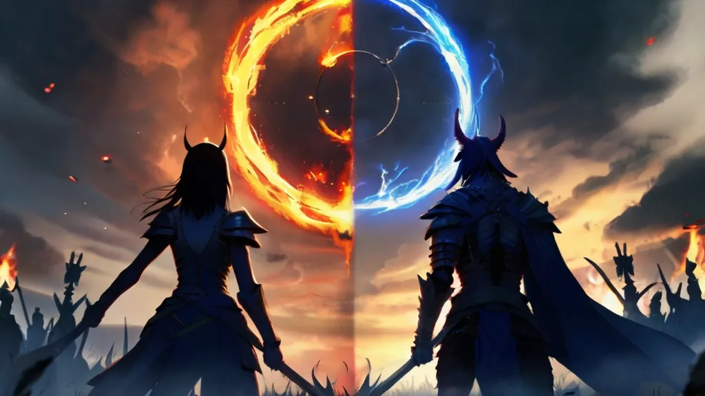 the man  dres warrior blue  color and the witch woman stood opposite the demon army on the vast battlefield, magic light and fire blazing all around them.