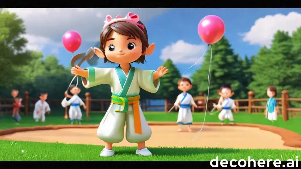 a cartoon character holding balloons in a park