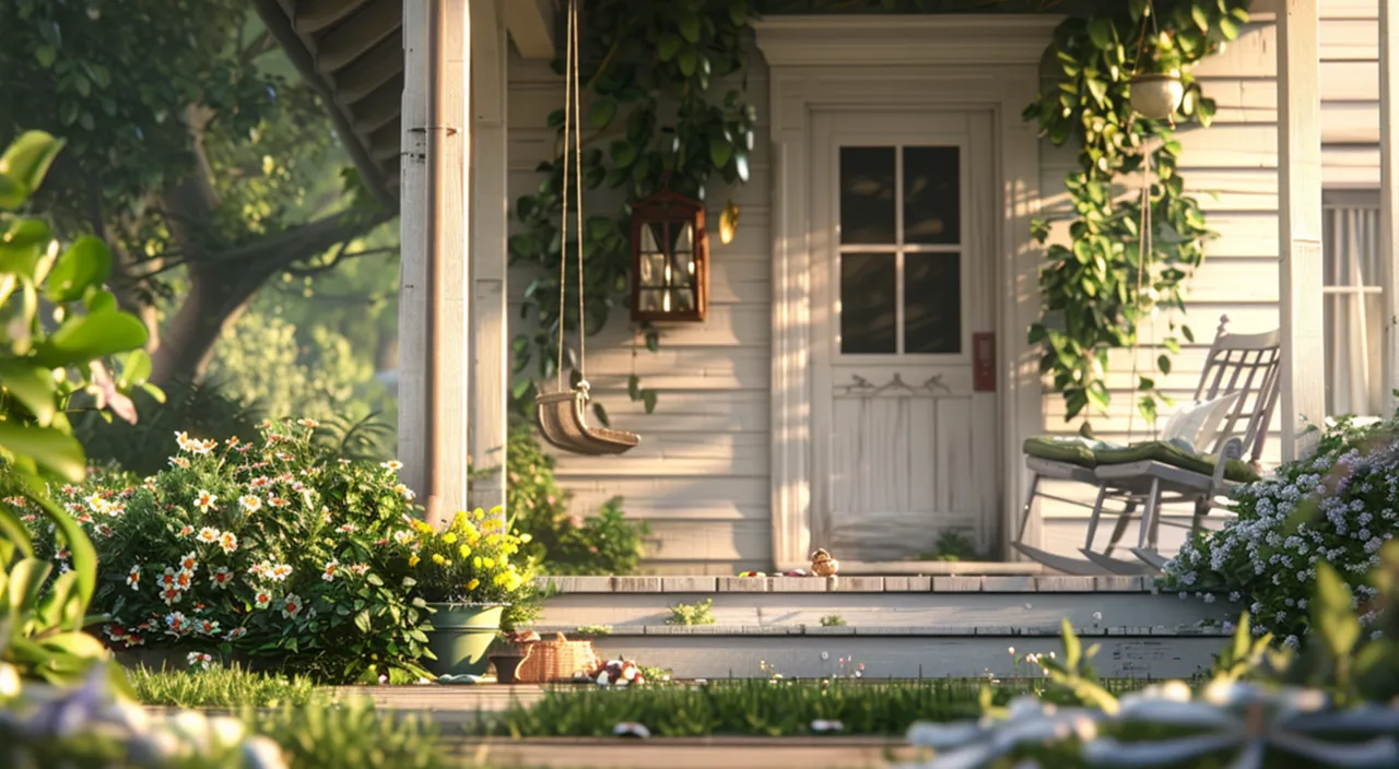 a porch with a rocking chair and potted plants