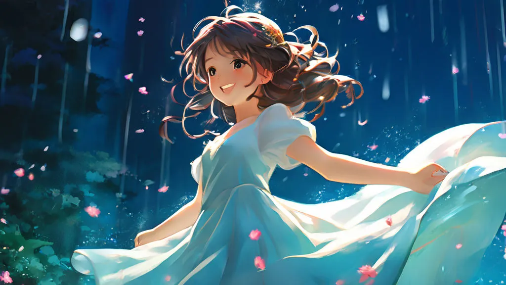 a girl in a white dress is holding a blue umbrella