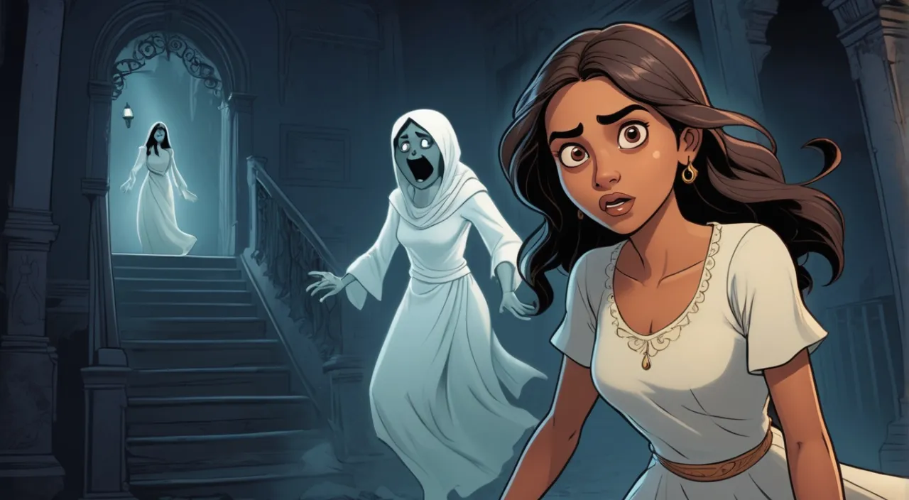 a woman in a white dress and a ghost