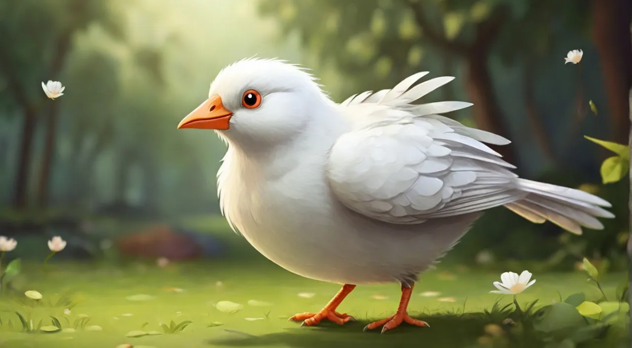 cartoon white bird is walking on the grass