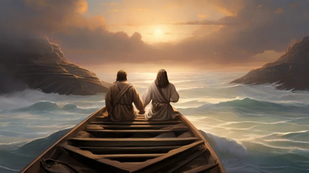 a painting of two people sitting on a boat in a body of water