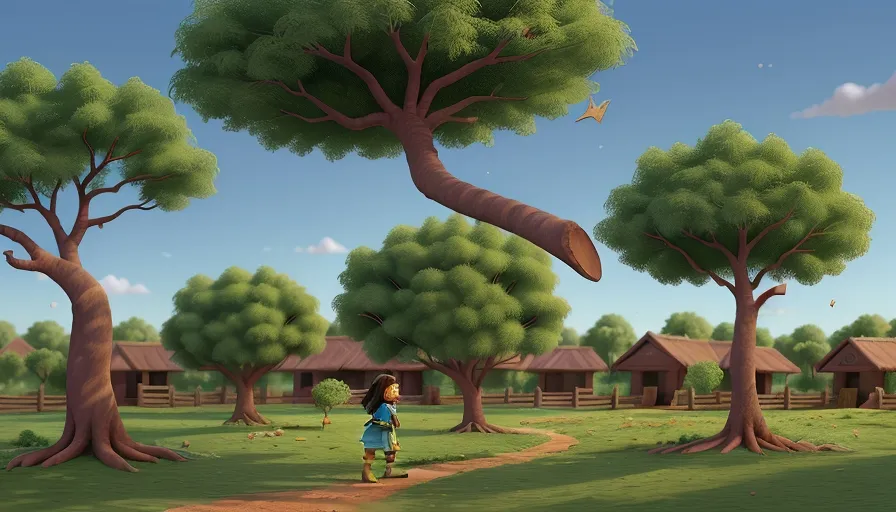 a girl walking down a path between two trees