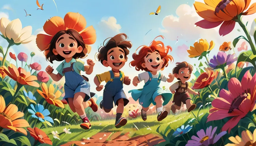 a group of children running through a field of flowers