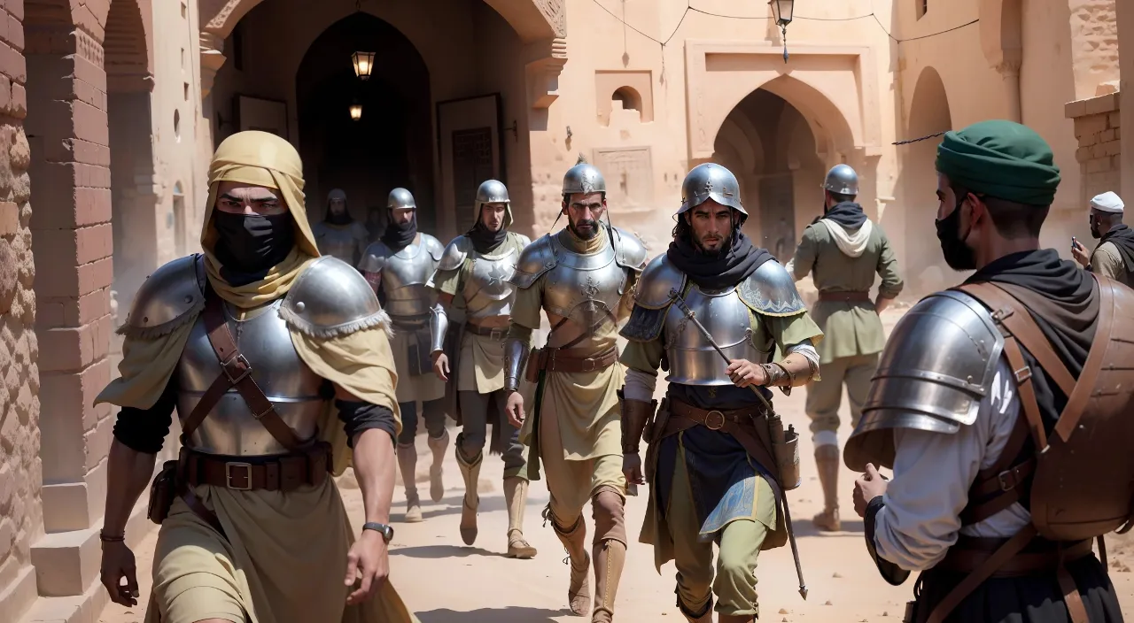 a group of men in armor walking down a street