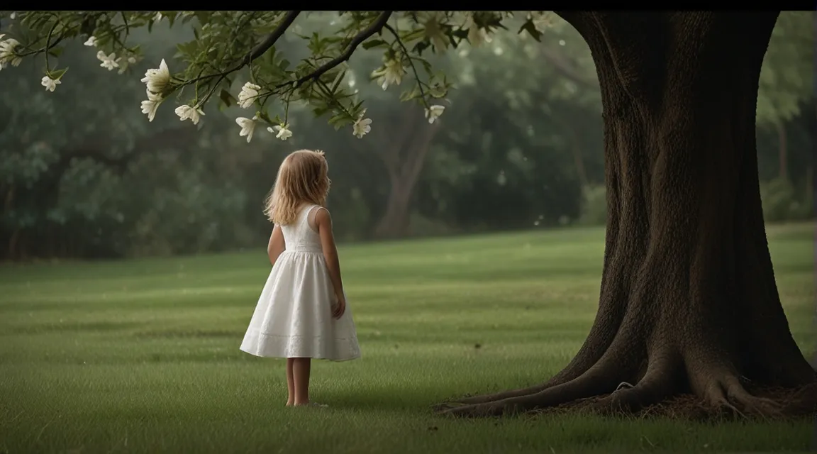 a little girl standing in front of a tree