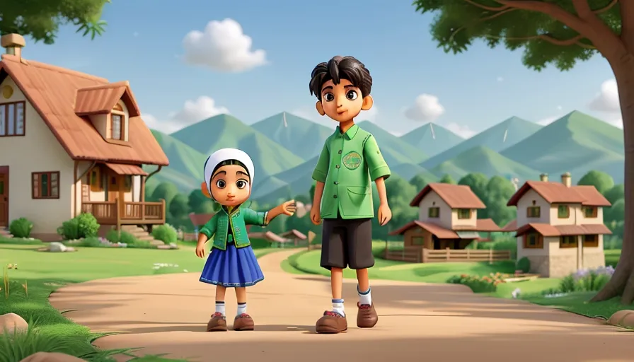 a boy and a girl standing in front of a house