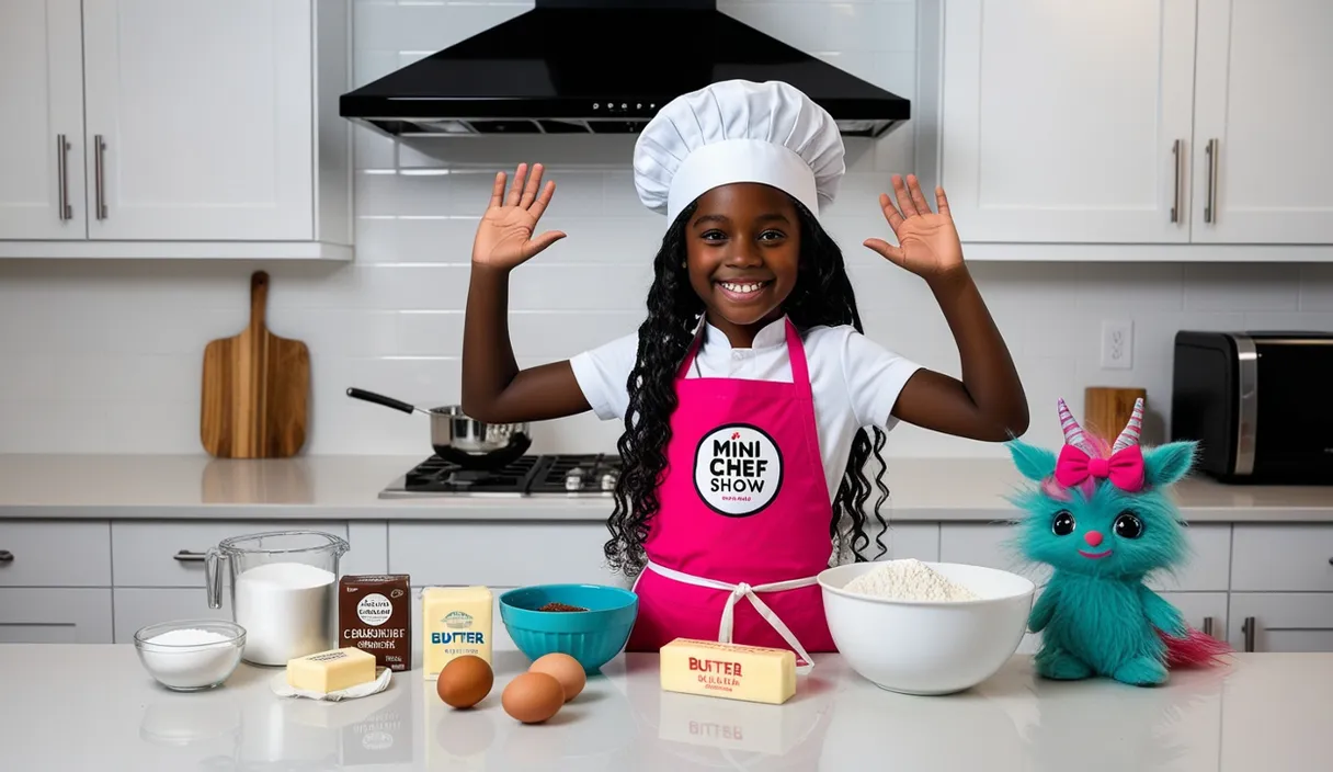 a young girl in a chef's hat and apron standing in front of a