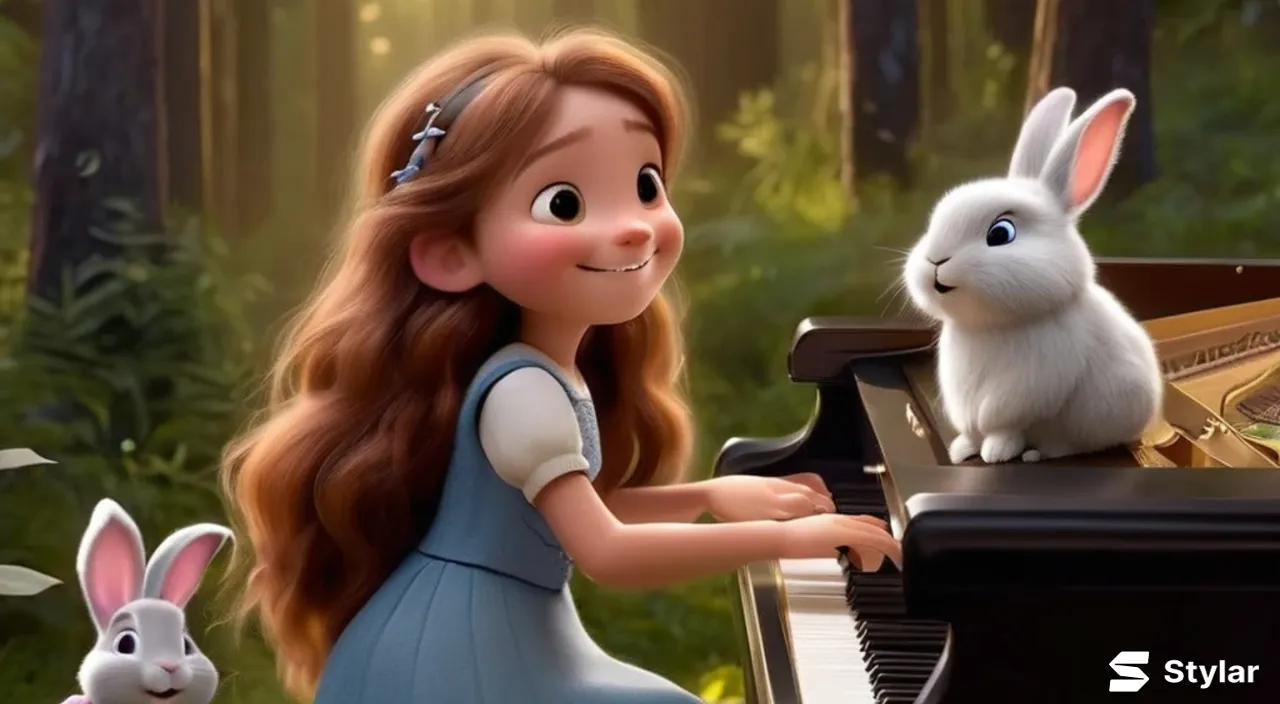 A young beautiful girl with long hair, the girl smiles and plays the piano in the forest with a rabbit next to the piano