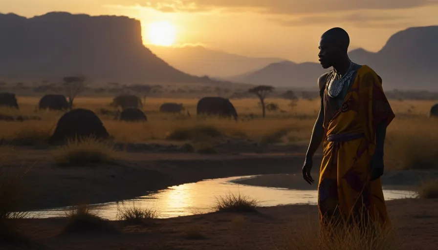 a man standing in a field next to a body of water