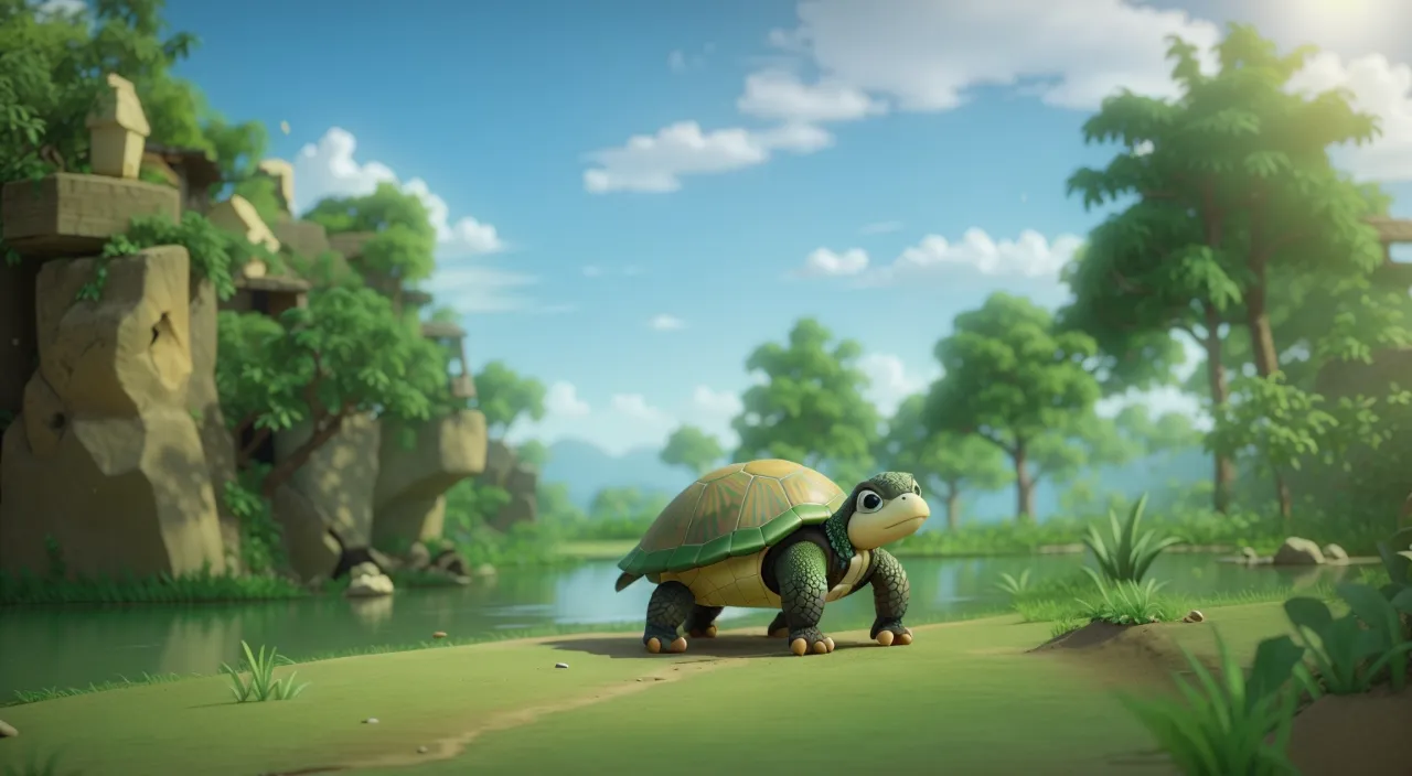 a turtle walking across a lush green field