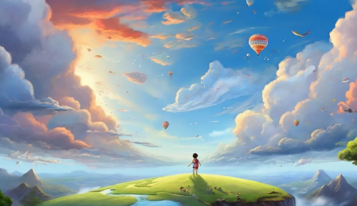 a painting of a person standing on a hill with a hot air balloon in the