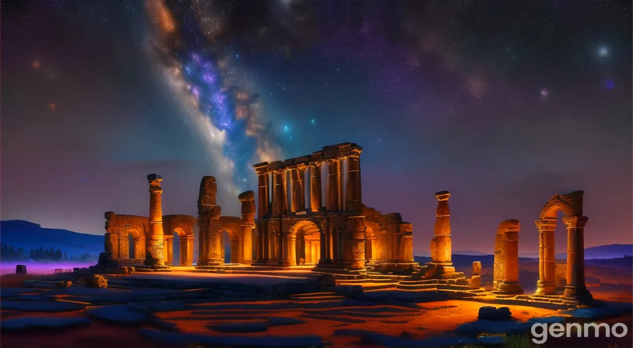 the ruins of the ancient city are lit up at night