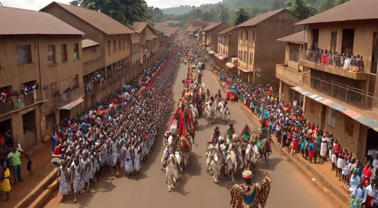 a group of people riding horses down a street