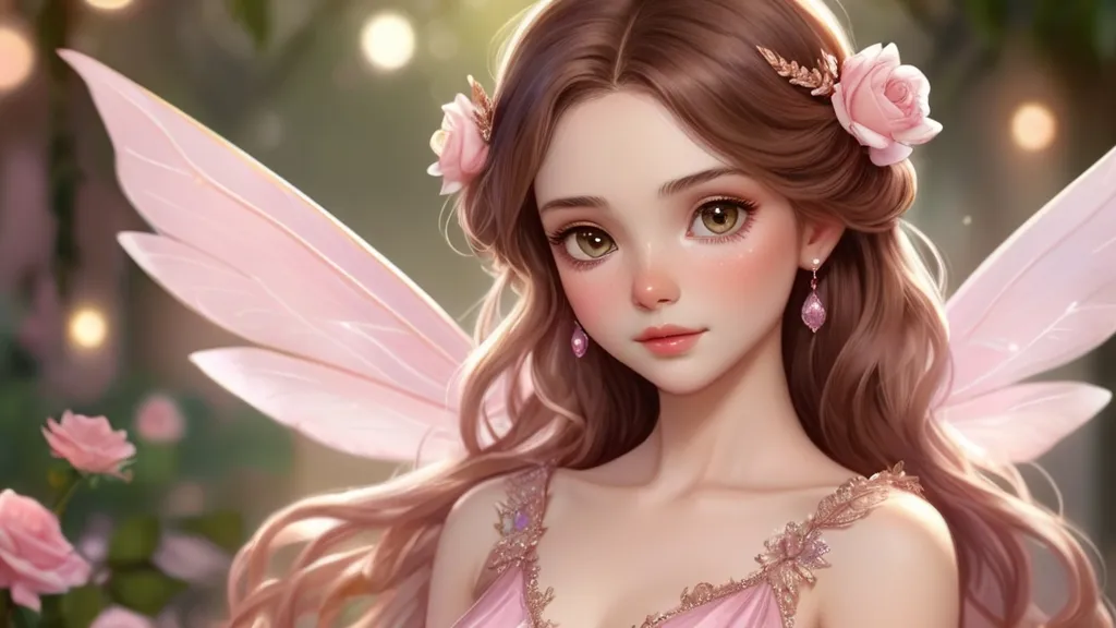 a beautiful fairy with long brown hair and a pink dress , taking breath, blinking eyes and smiling