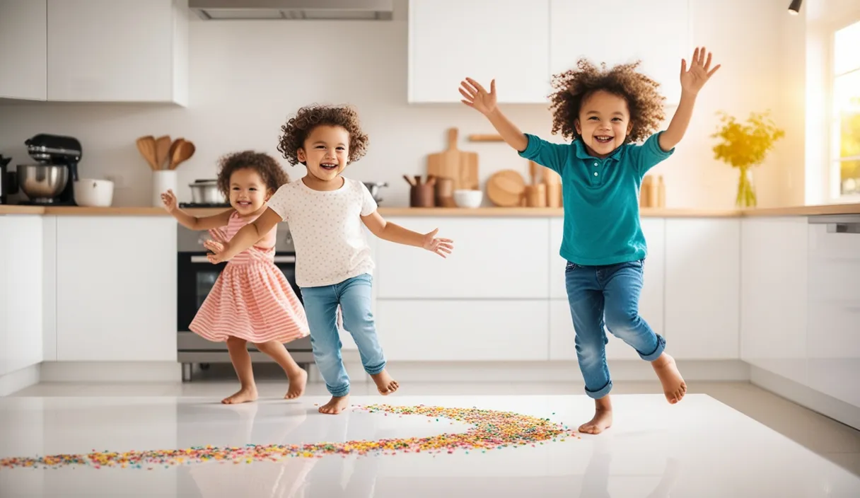 three children jumping in the air in a kitchen