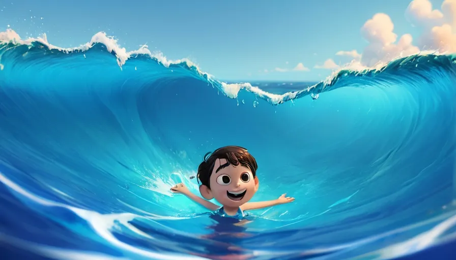 a boy swimming in the ocean with a big wave