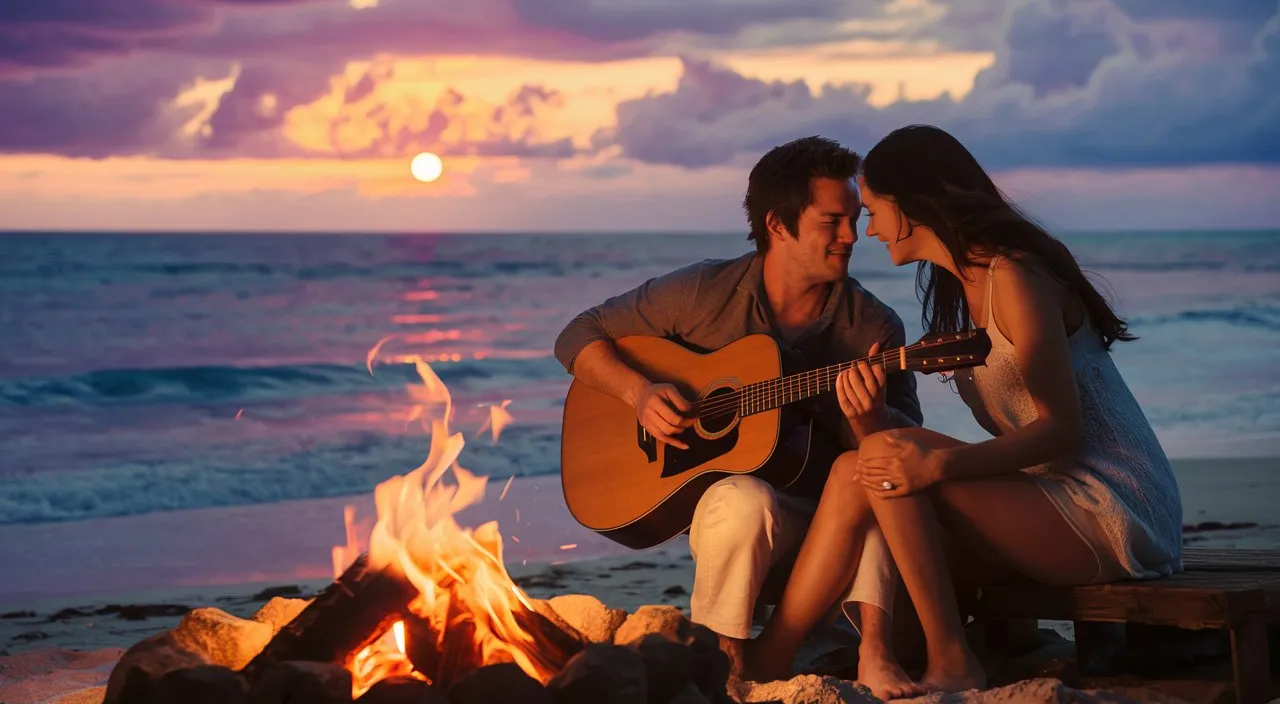 Location: Secluded beach. Characters: A man and a woman in love Objects: Acoustic guitar and  bonfire. Description: The man serenades the woman in love  with an acoustic guitar by a bonfire on a secluded beach, the sunset casting a warm glow over their intimate moment.