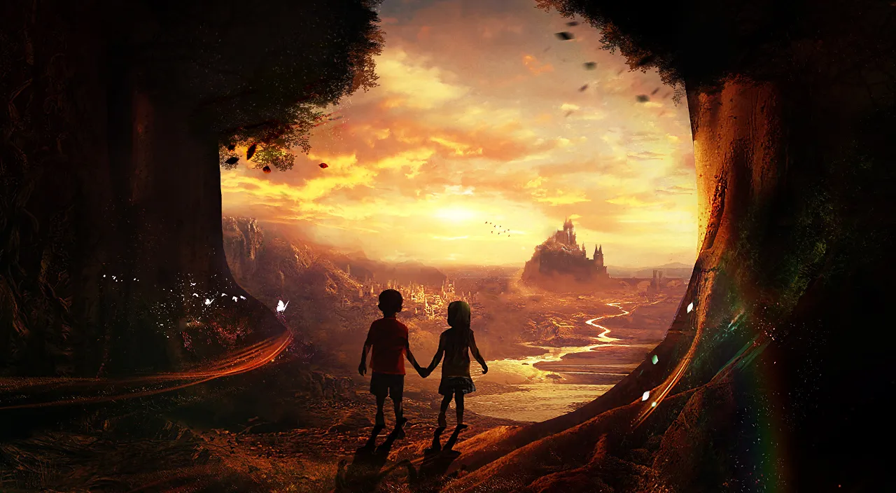 a girl and a boy, holding hands, walk along the surface of the water together