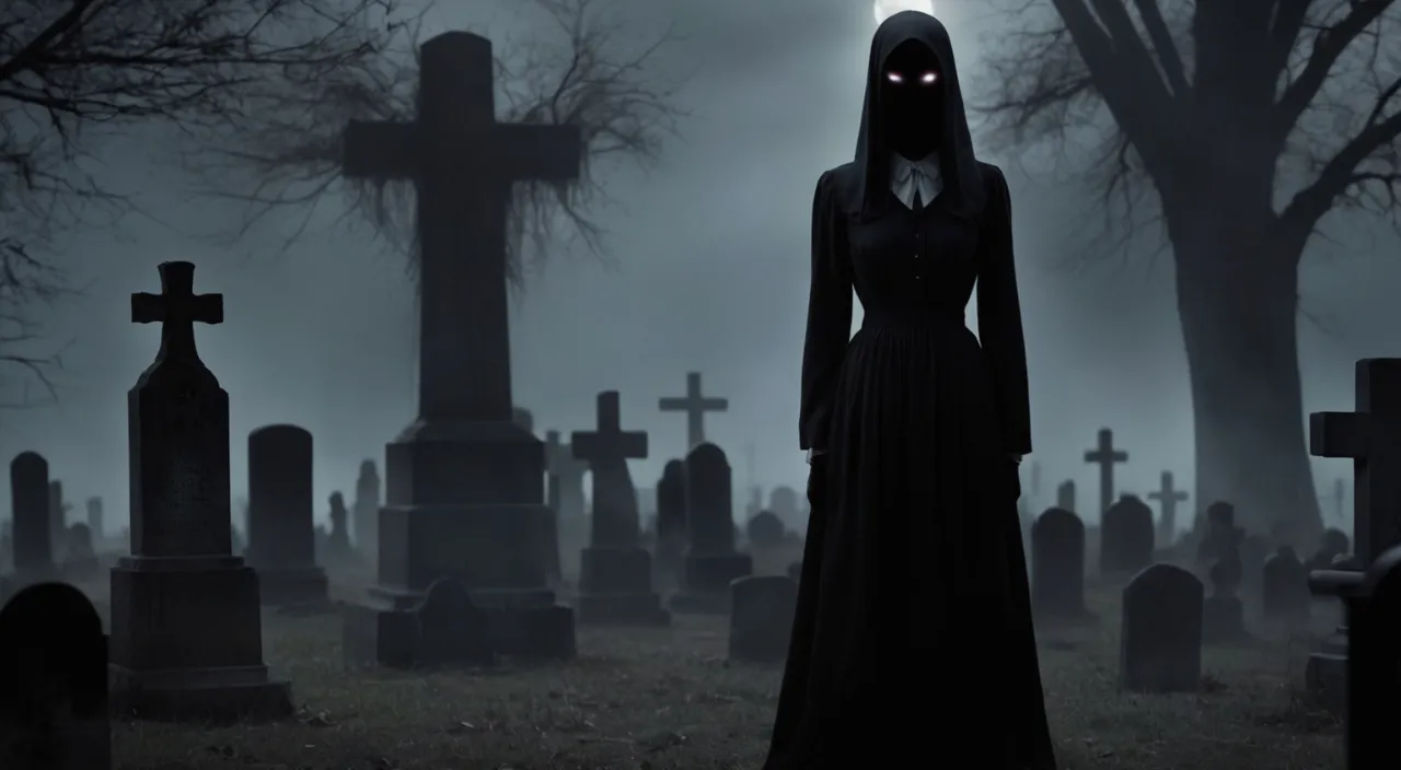 a woman in a nun costume standing in a graveyard