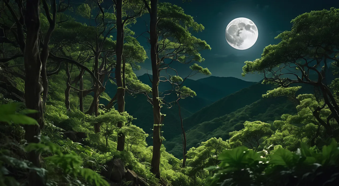 a full moon in a forest