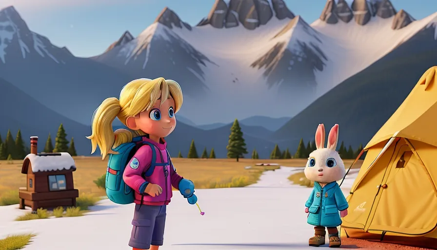 a girl and a bunny are standing in front of a tent, 3d animation