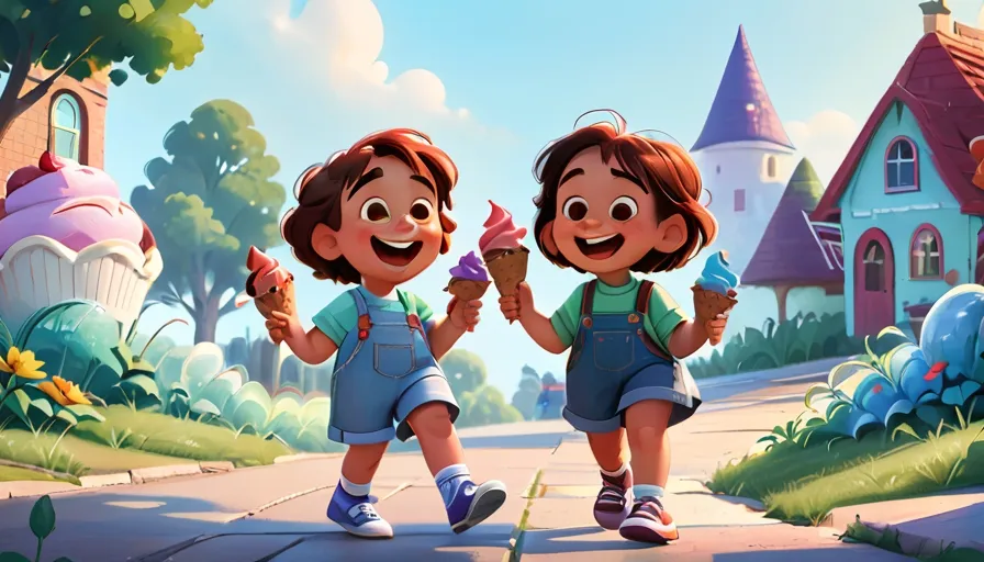 a couple of kids walking down a street holding ice cream