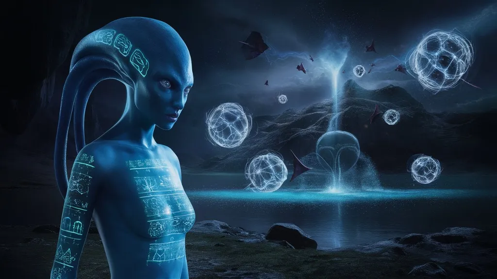 A stunningly detailed, high-quality cinematic image of a blue alien entity with holographic ancient symbols projected onto her skin, emanating from the mystical waters of the Lake of Cosmic Knowledge on floating islands. A multitude of flying silver chrome stingrays emit electronic energy spheres into the atmosphere, creating a stunning display of light and energy. The overall atmosphere is dark, sci-fi fantasy, with a sense of awe and wonder, perfect for a blockbuster movie.