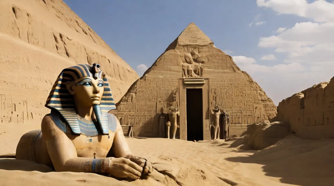 a statue of an egyptian pharaoh in front of a pyramid