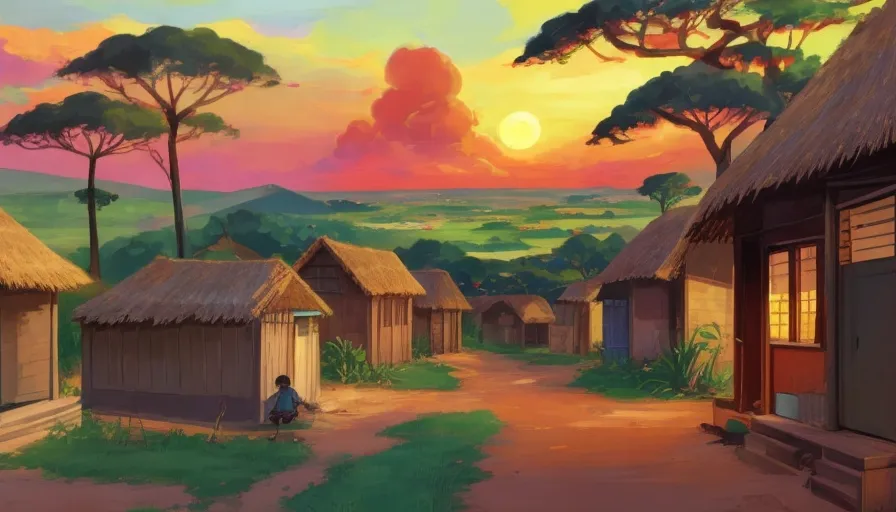 a painting of a village with a person sitting on a bench, 2d animation