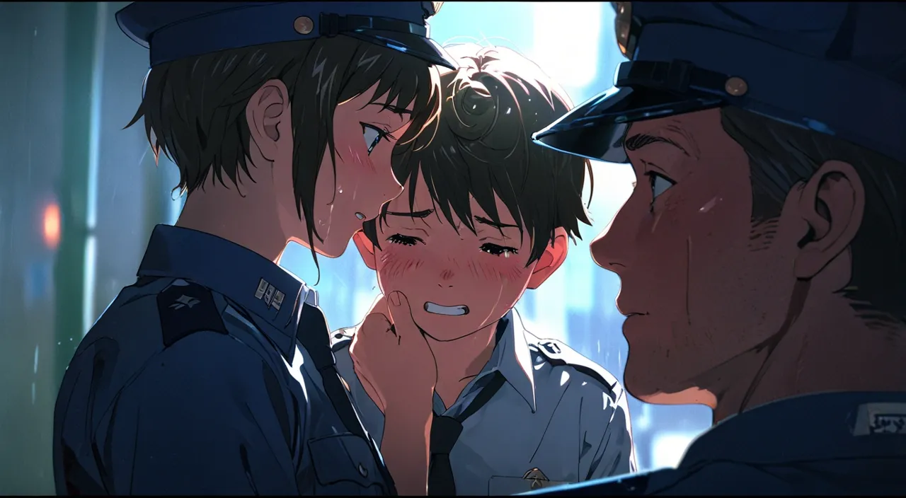 two police in front of a child who is crying in a fair