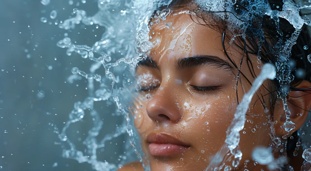 a close up of a woman's face under water