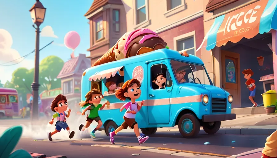 a group of children running in front of a ice cream truck