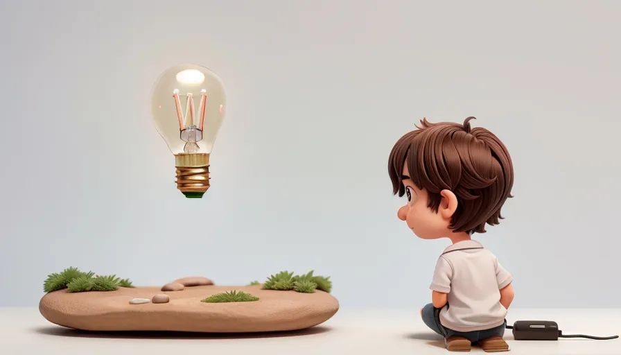 a little boy sitting in front of a light bulb