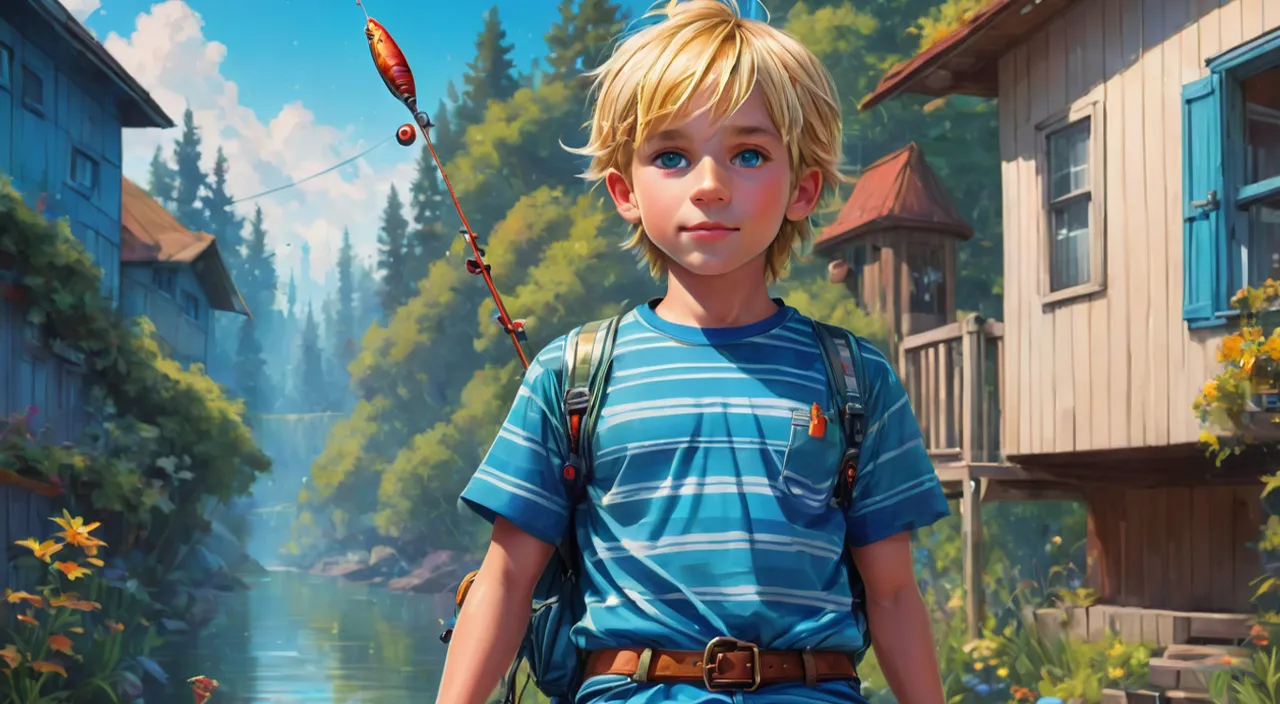 a painting of a young boy holding a fishing rod