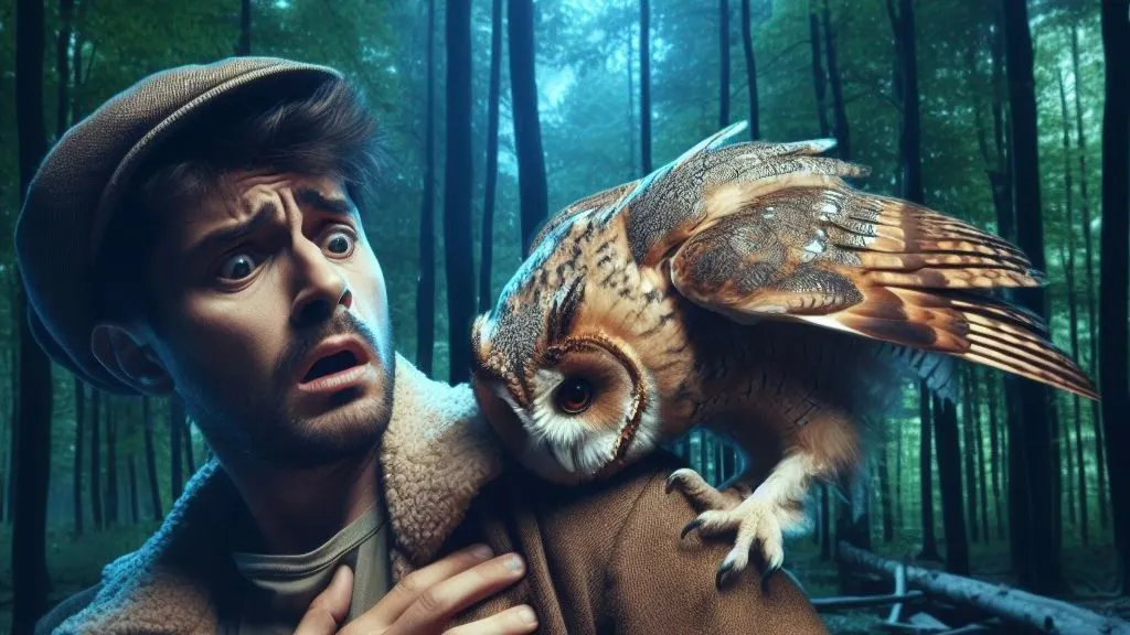 An owl faints and falls on a man's shoulder in a forest and the man is shocked This is night time realsic image