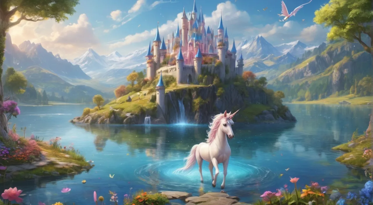 a painting of a unicorn in front of a castle