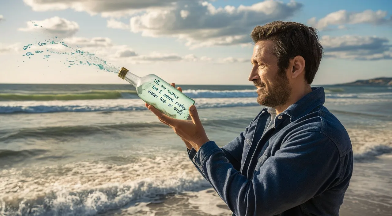 a man holding a bottle with a message on it