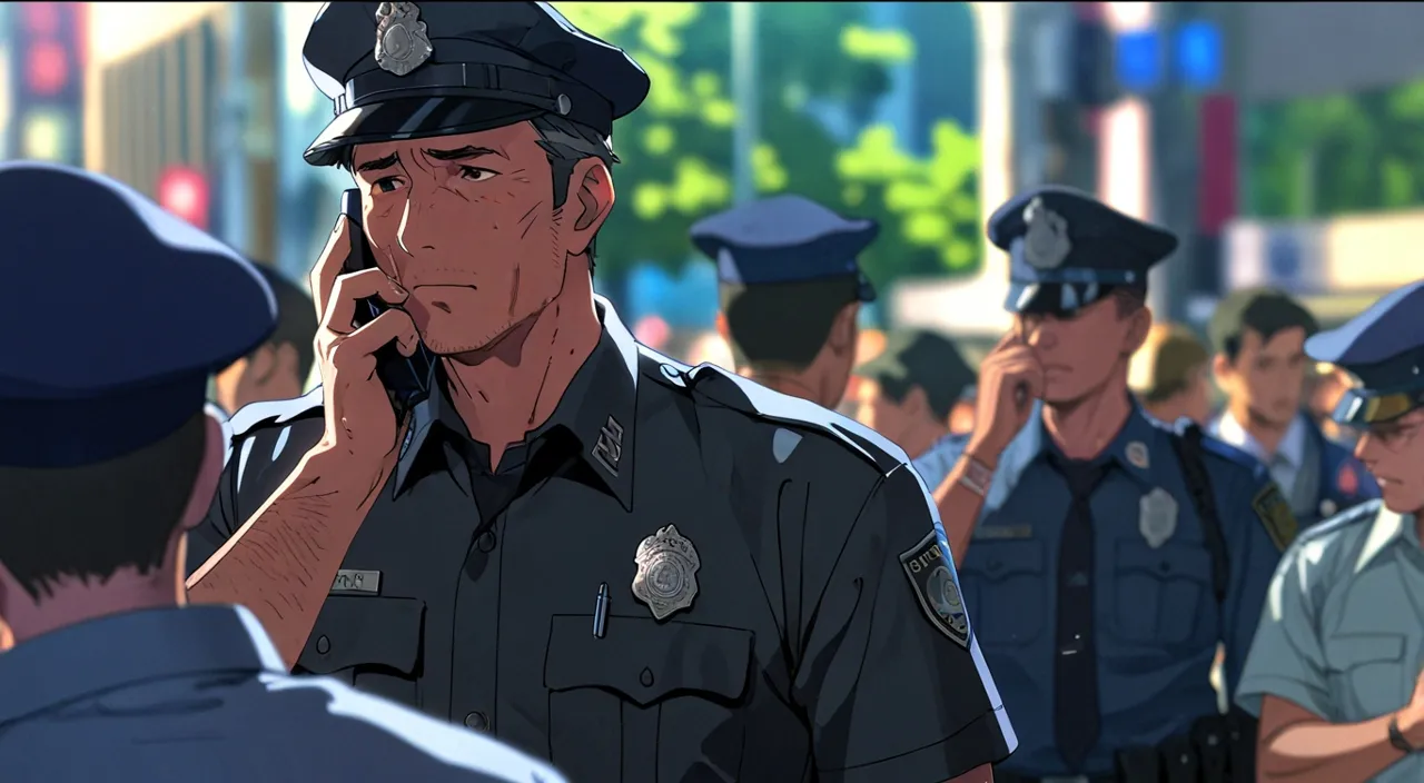 a police officer talking on a cell phone in a fair