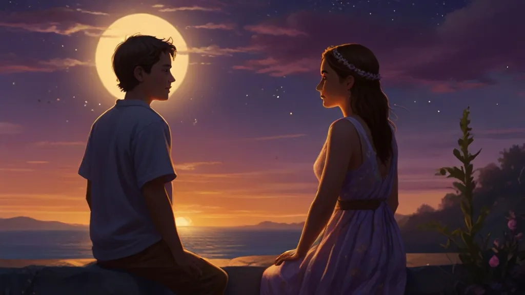 a boy and a girl sitting on a rock looking at the moon