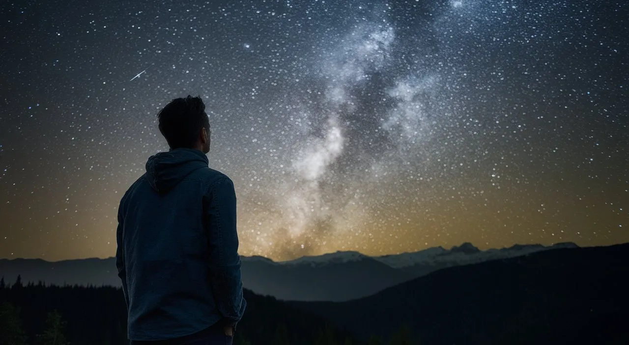 Moment of gratitude of the protagonist as he observes the starry sky at night, with a zoom-out effect to show the vastness of the universe.